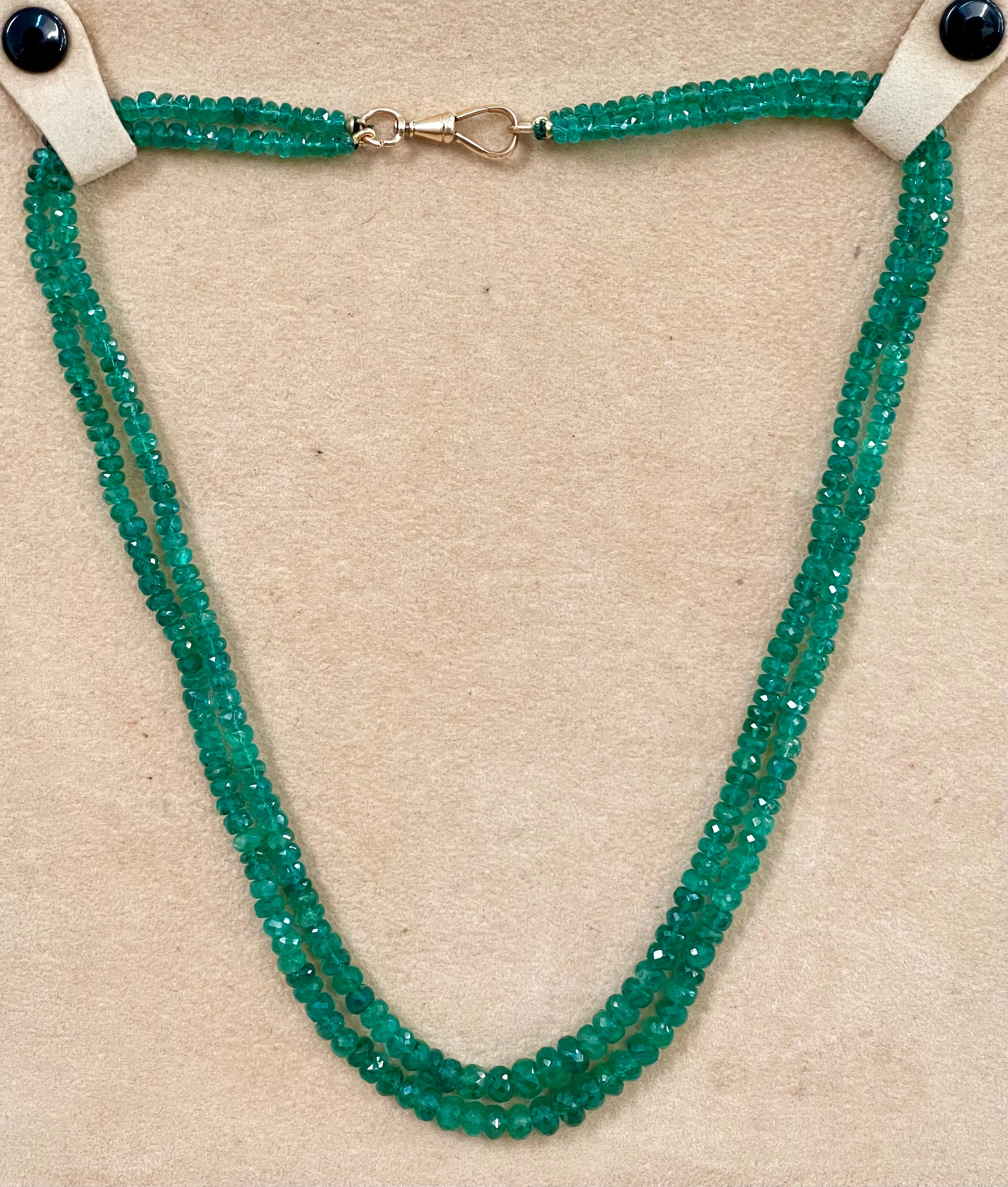 145 Ct Fine Natural Emerald Beads 2 Line Necklace with 14 Kt Yellow Gold Clasp In Excellent Condition In New York, NY