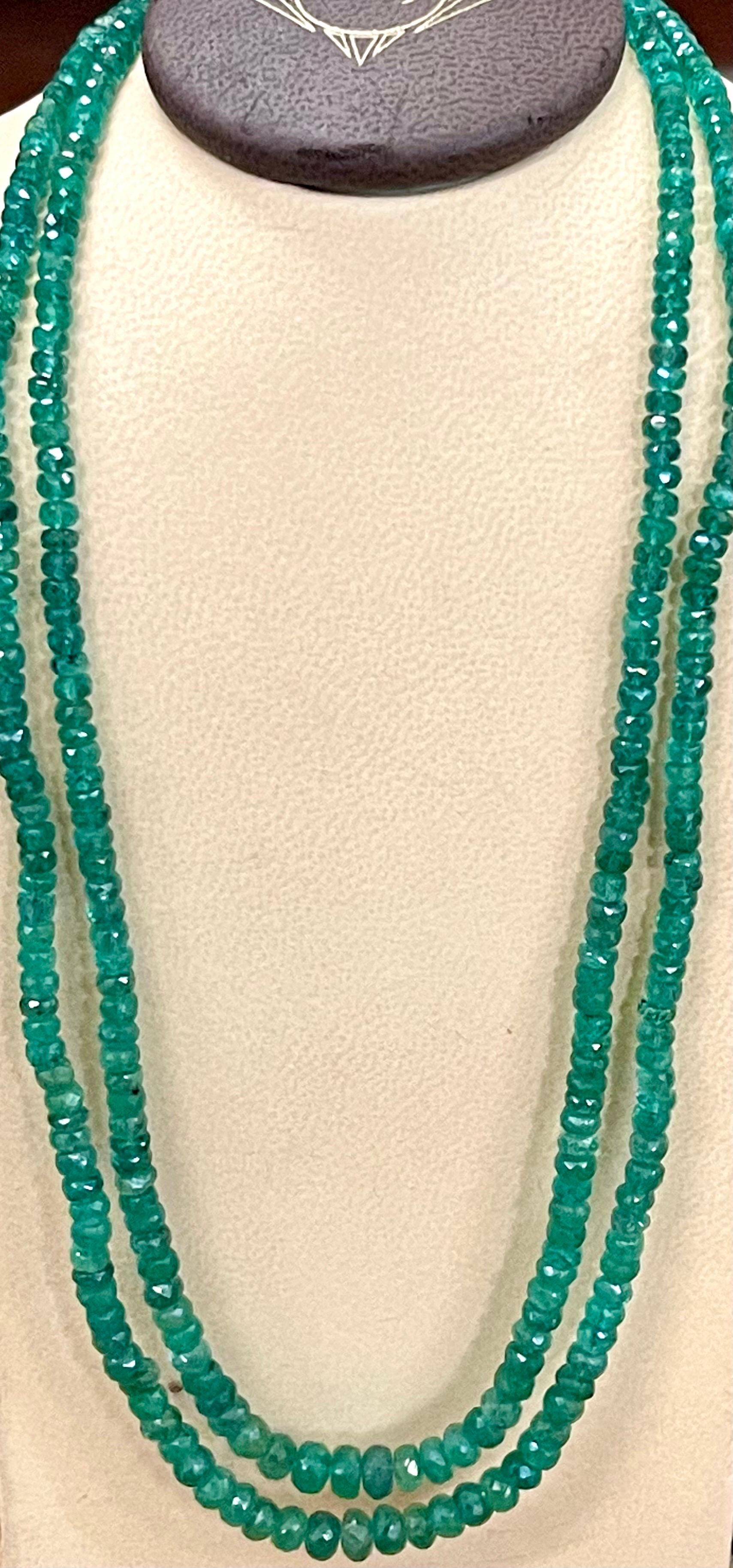 145 Ct Fine Natural Emerald Beads 2 Line Necklace with 14 Kt Yellow Gold Clasp 1