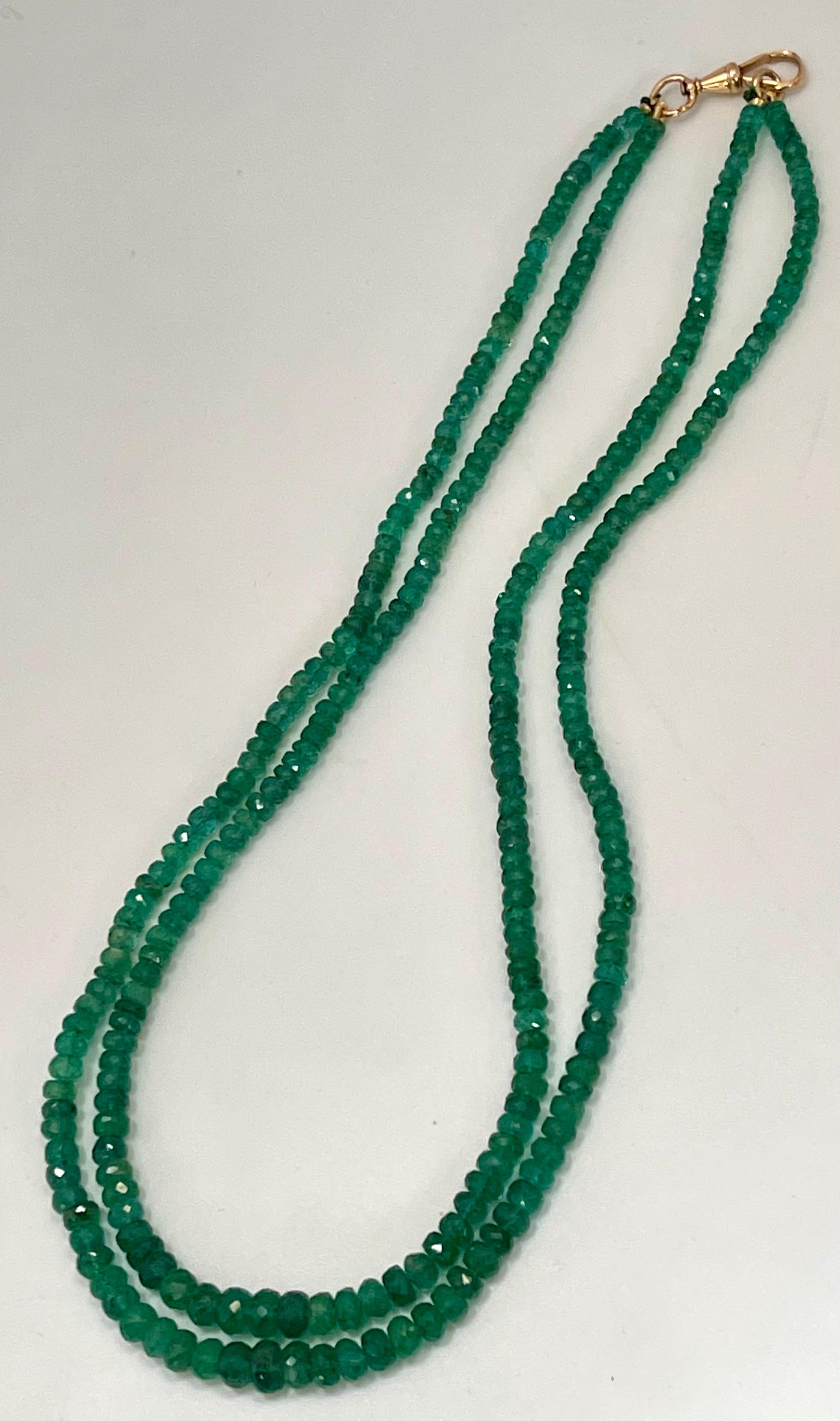 145 Ct Fine Natural Emerald Beads 2 Line Necklace with 14 Kt Yellow Gold Clasp For Sale 3