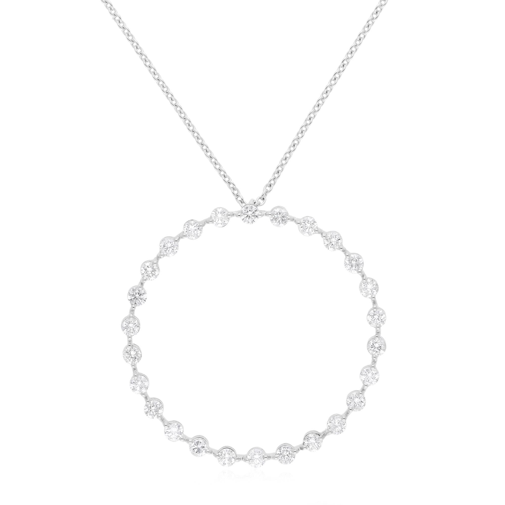 Modern 1.45 Ct SI Clarity HI Color Diamond Circle Pendant Necklace 14 Karat White Gold For Sale