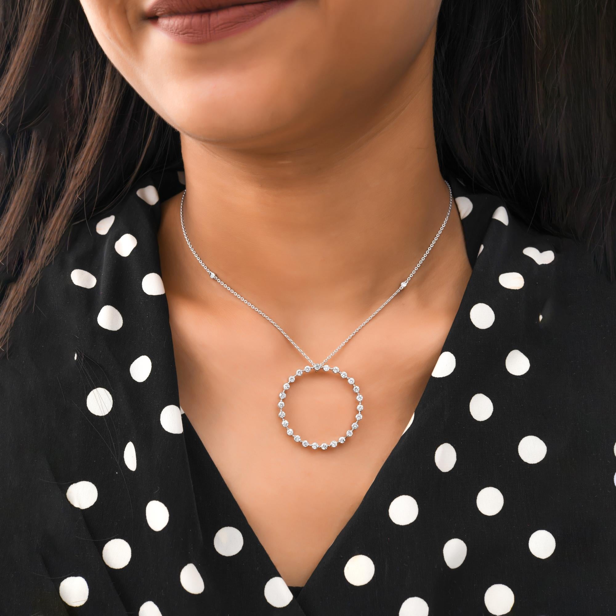 Round Cut 1.45 Ct SI Clarity HI Color Diamond Circle Pendant Necklace 14 Karat White Gold For Sale