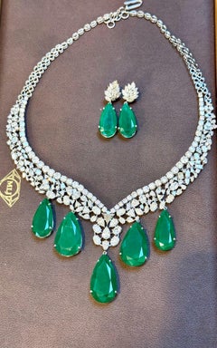 GIA Certified 145ct Russian No Enhacement Emerald & 45 ct Diamond Necklace Suite