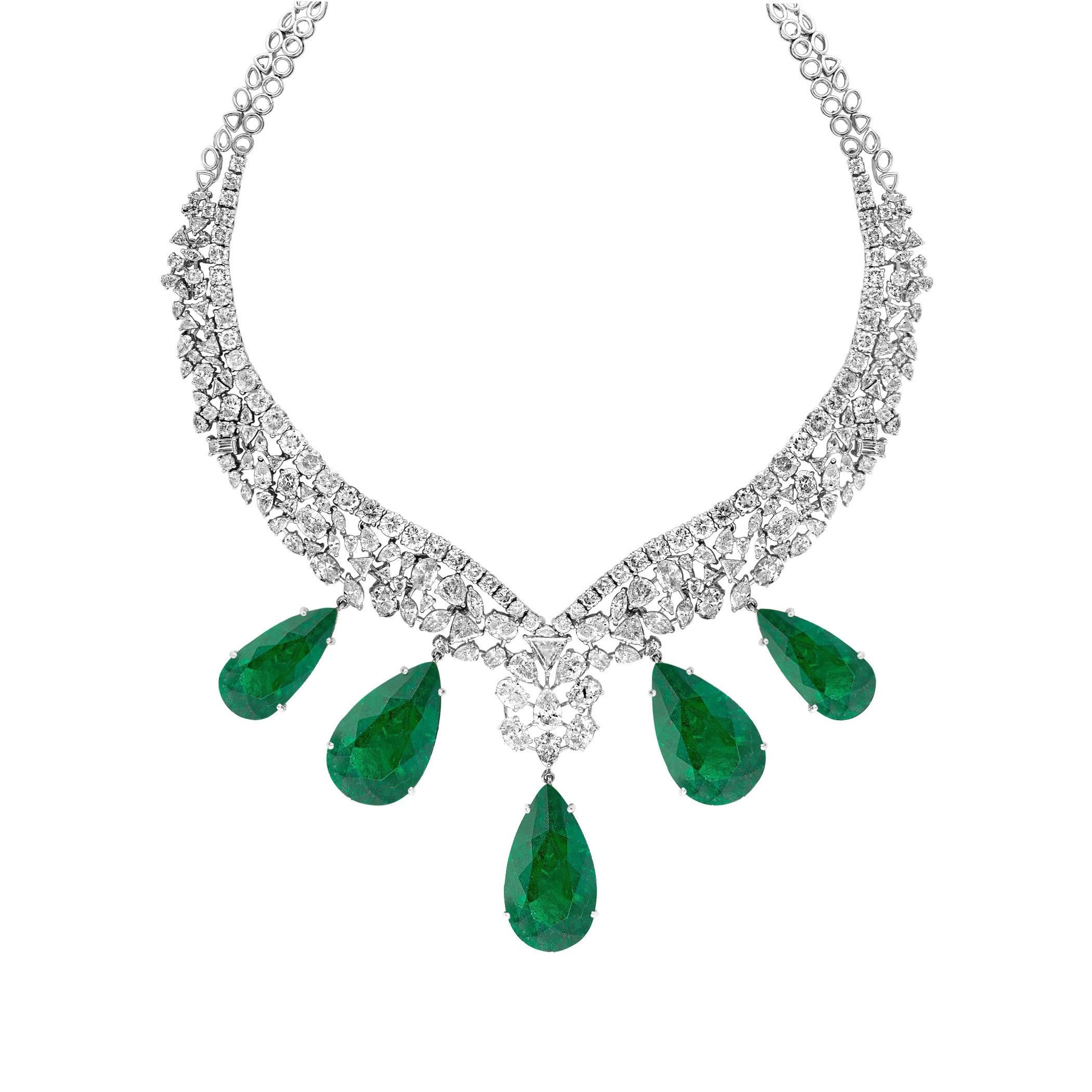 GIA-zertifiziert 145 Karat russischer unbehandelter Smaragd & 45 Karat Diamant-Halskette Suite (Tropfenschliff) im Angebot