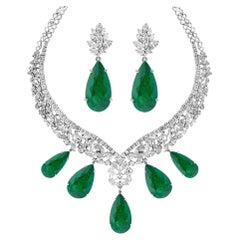 GIA Certified 145ct Russian No Enhacement Emerald & 45 ct Diamond Necklace Suite
