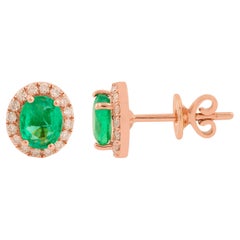 1.45 CTW Zambian Emerald Diamond Halo Stud Earrings 10 Karat Rose Gold