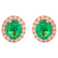1.45 CTW Zambian Emerald Diamond Halo Stud Earrings 10 Karat Rose Gold