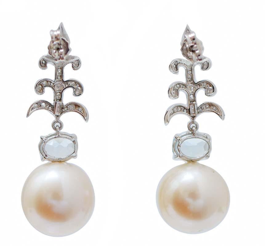 Pendientes de Perlas de 14,5 Mm, Topacio Color Aguamarina, Diamantes, Oro Blanco de 14 Kt. Retro en venta