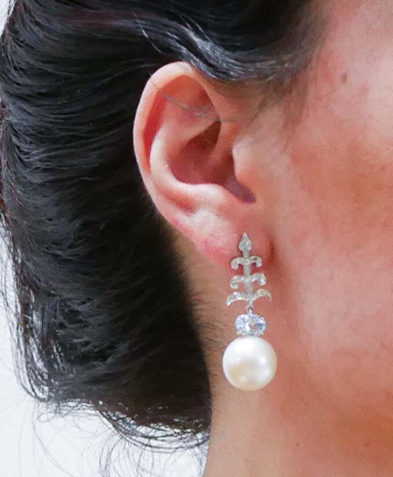 Pendientes de Perlas de 14,5 Mm, Topacio Color Aguamarina, Diamantes, Oro Blanco de 14 Kt. en Bueno estado para la venta en Marcianise, Marcianise (CE)