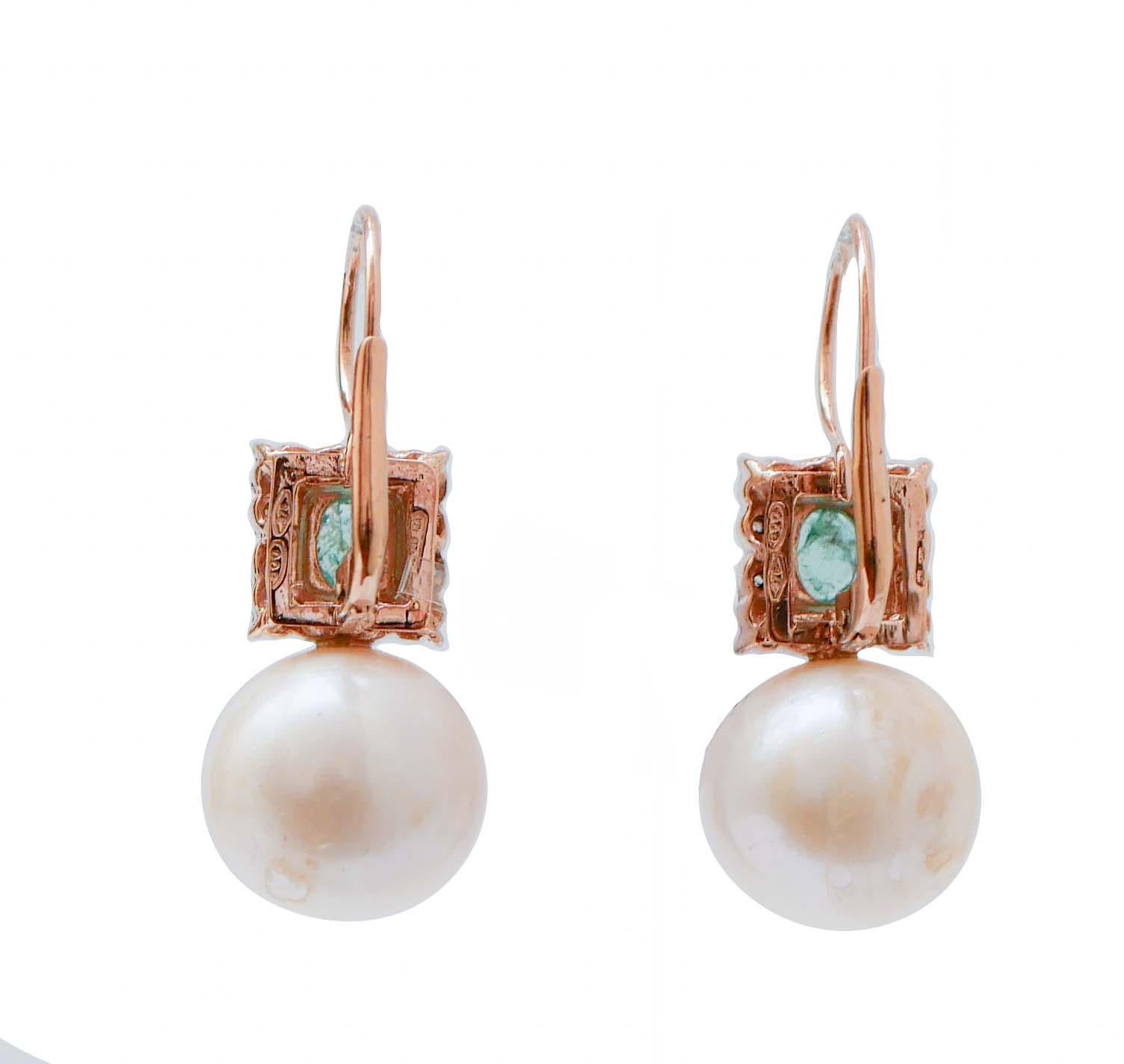 Retro 14.5 Mm Pearls, Emeralds, Diamonds, Rose Gold and Silver Earrings. For Sale