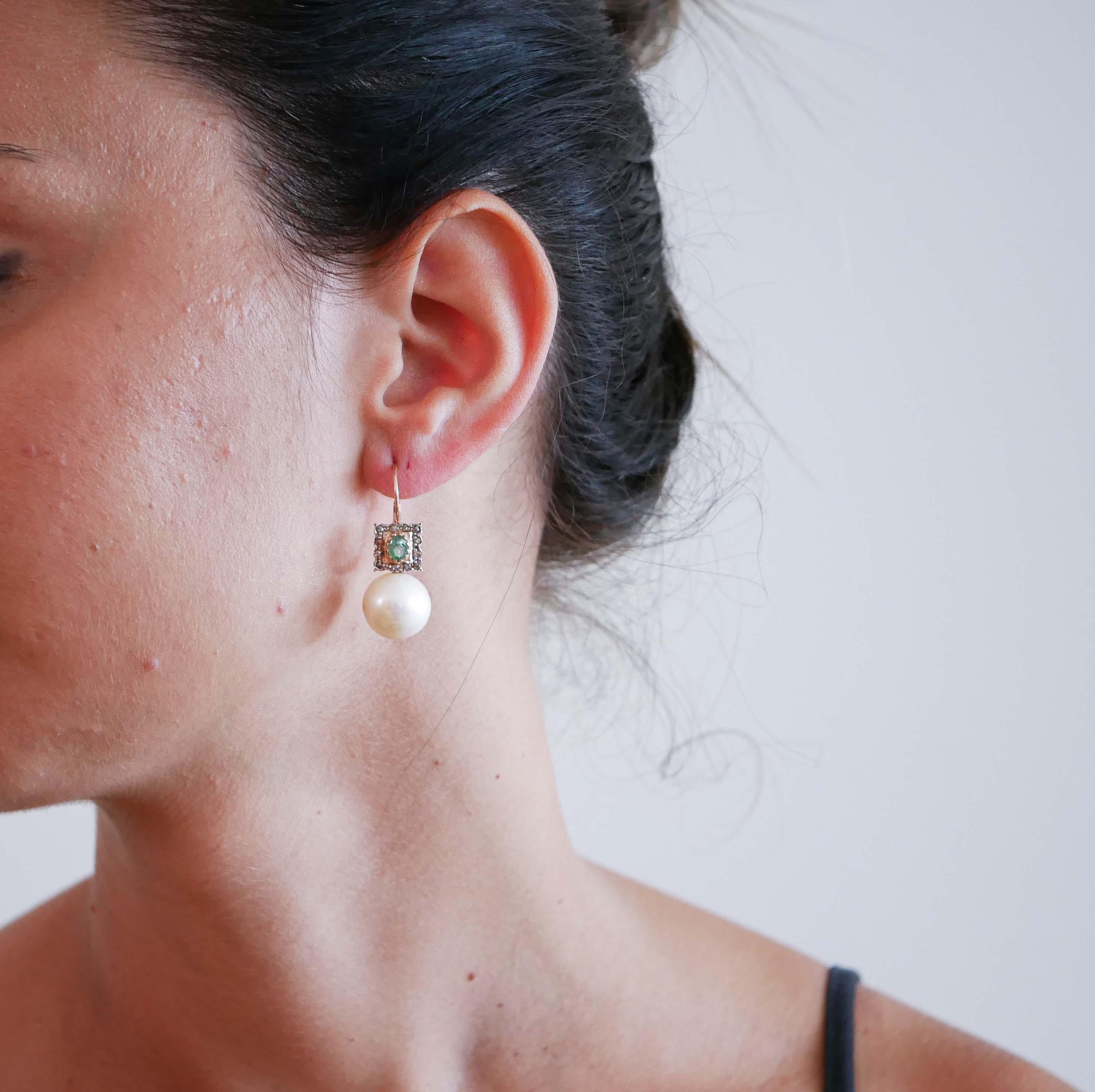 Mixed Cut 14.5 Mm Pearls, Emeralds, Diamonds, Rose Gold and Silver Earrings. For Sale