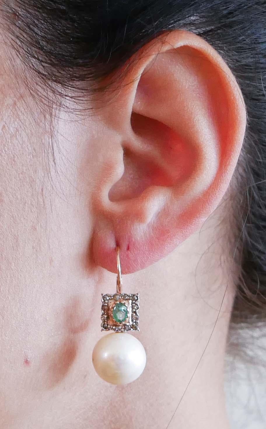 14.5 Mm Pearls, Emeralds, Diamonds, Rose Gold and Silver Earrings. In New Condition For Sale In Marcianise, Marcianise (CE)