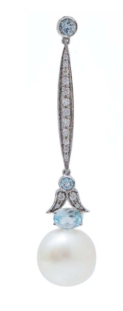 14.5  Mm White Pearls, Aquamarine Colour Topaz, Diamonds, 14 Kt  Gold Earrings.
