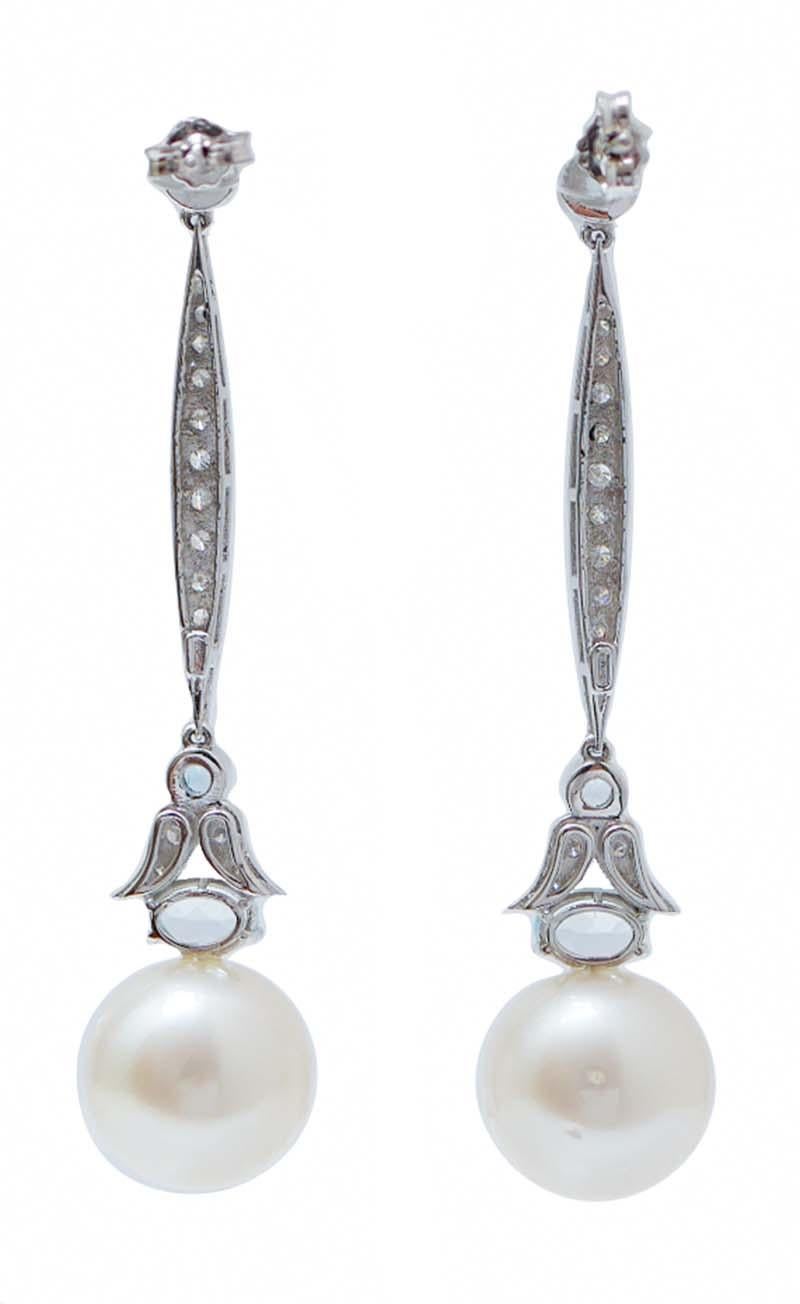 Retro 14.5  Mm White Pearls, Aquamarine Colour Topaz, Diamonds, 14 Kt  Gold Earrings.