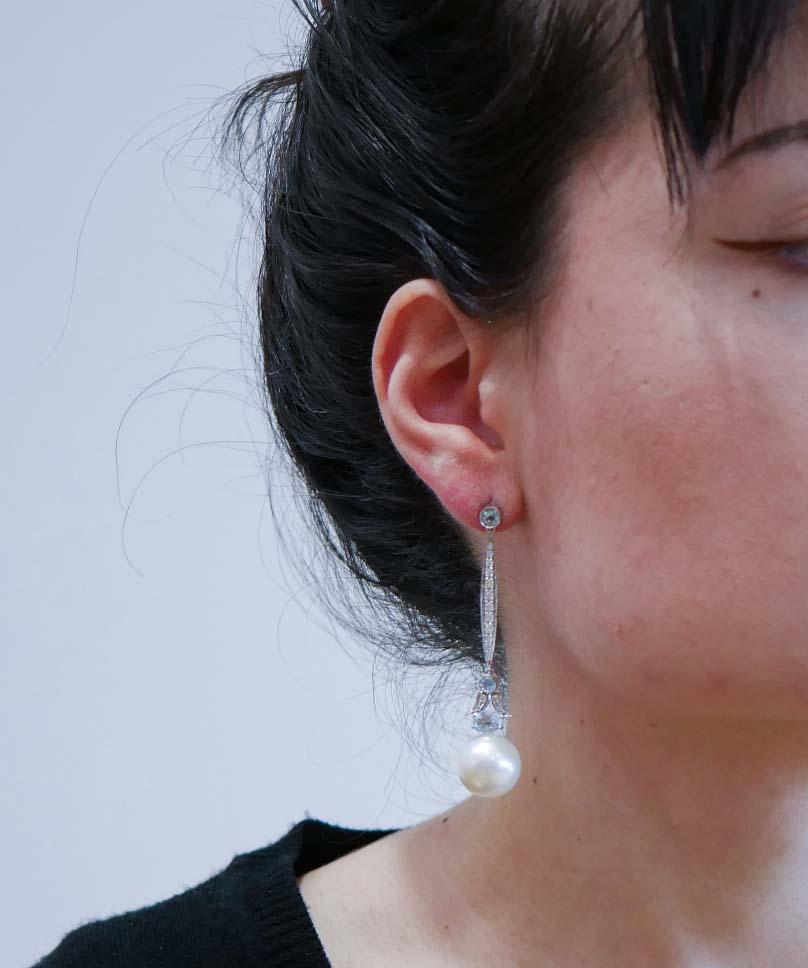 Mixed Cut 14.5  Mm White Pearls, Aquamarine Colour Topaz, Diamonds, 14 Kt  Gold Earrings.