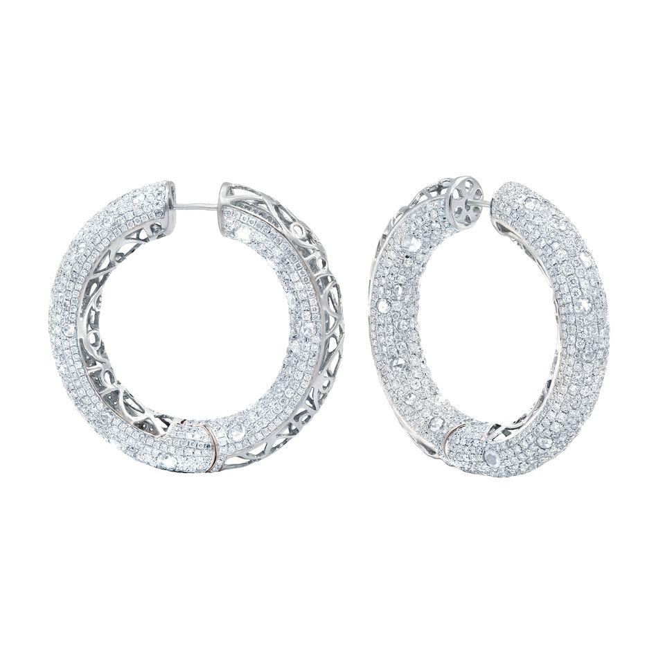 1.5 inch diamond bangle hoop earrings with rose cut and micro pave round cut diamonds all the way round,featuring 14.50 carats total FG color/VS clarity and set in 18 karat white gold mounting.