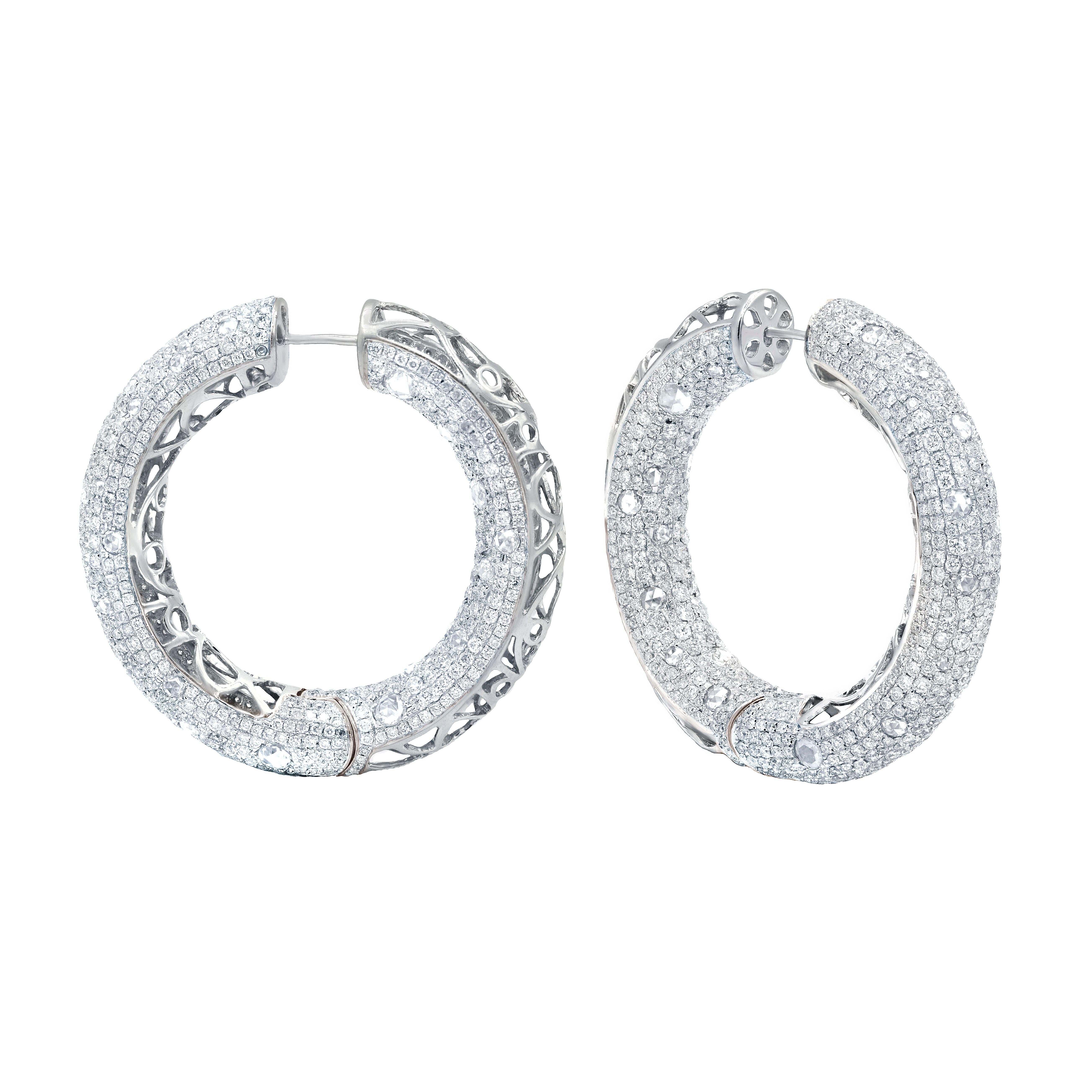 Round Cut 14.50 Carat Diamond Bangle Hoop Earrings For Sale