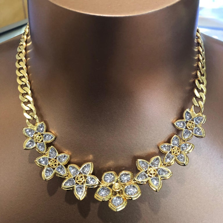 14.50 Carat Diamond Flower Estate 18 Karat Curb Link Necklace For Sale ...