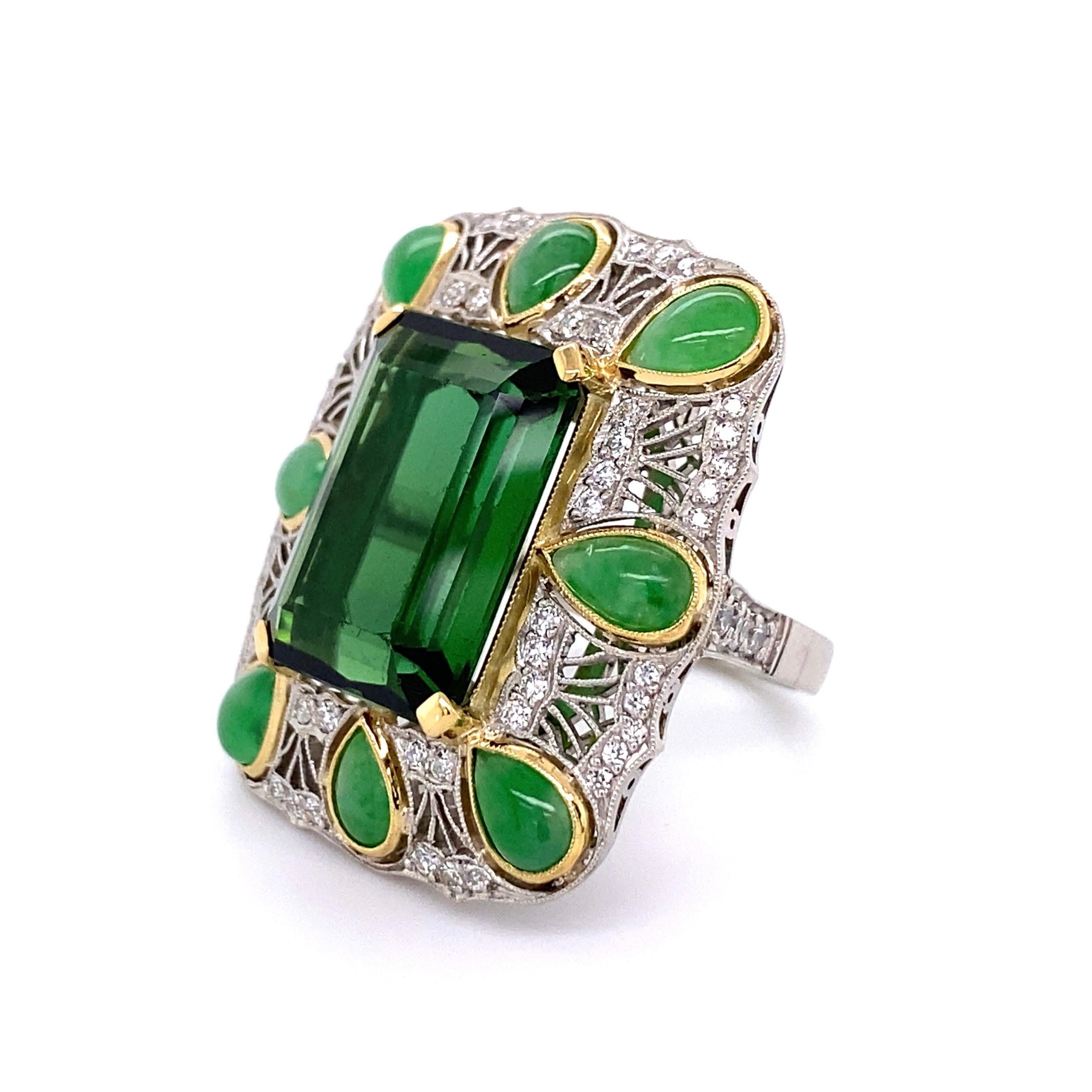 Mixed Cut 14.50 Carat Green Tourmaline Jadeite Diamond Platinum Ring Estate Fine Jewelry For Sale