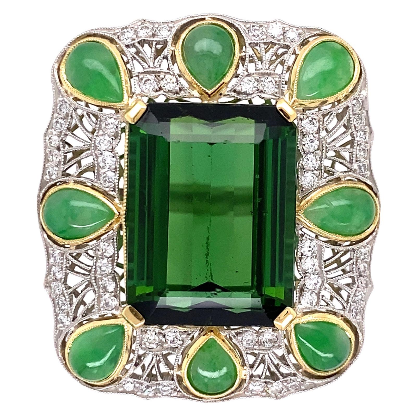 14.50 Carat Green Tourmaline Jadeite Diamond Platinum Ring Estate Fine Jewelry