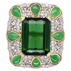 14.50 Carat Green Tourmaline Jadeite Diamond Platinum Ring Estate Fine Jewelry