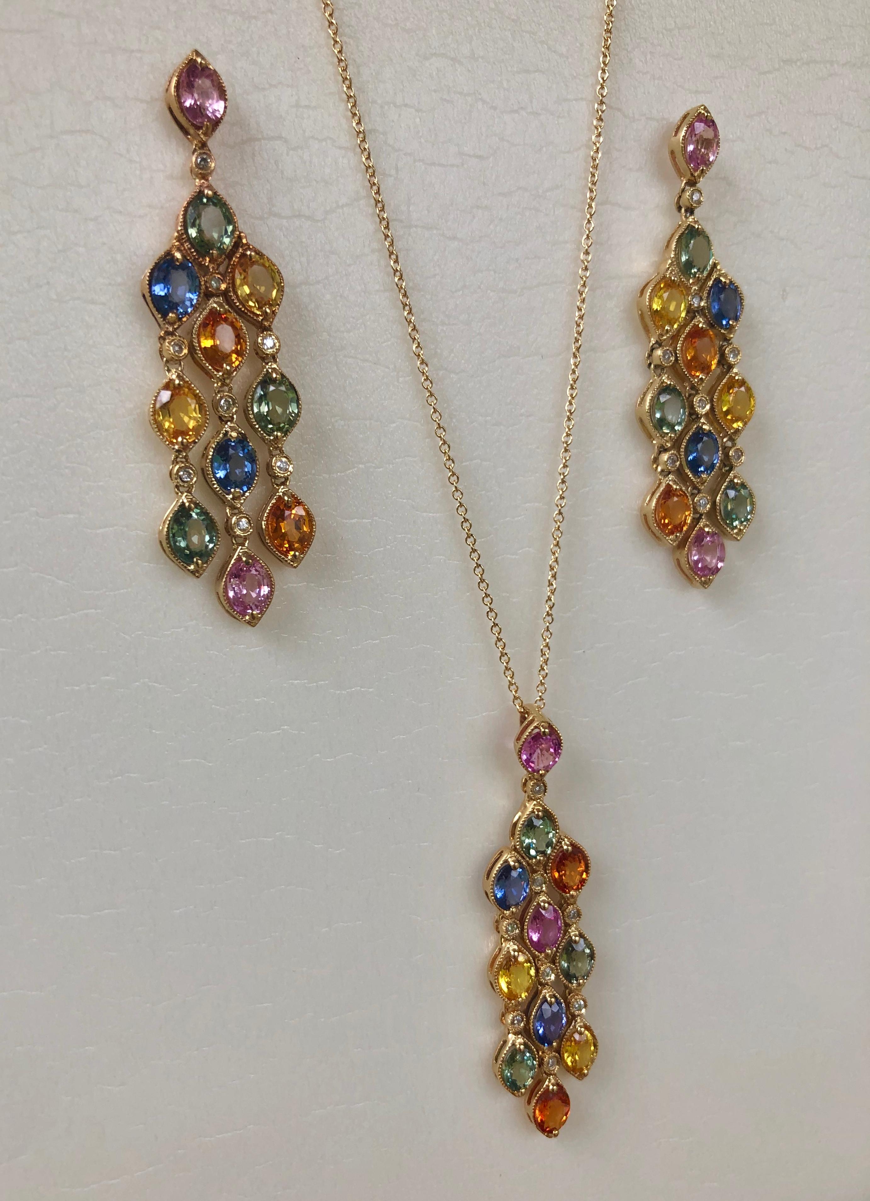 14.50 Carat Sapphire Diamonds Chandelier Earrings Pendant Set 14 Karat 4