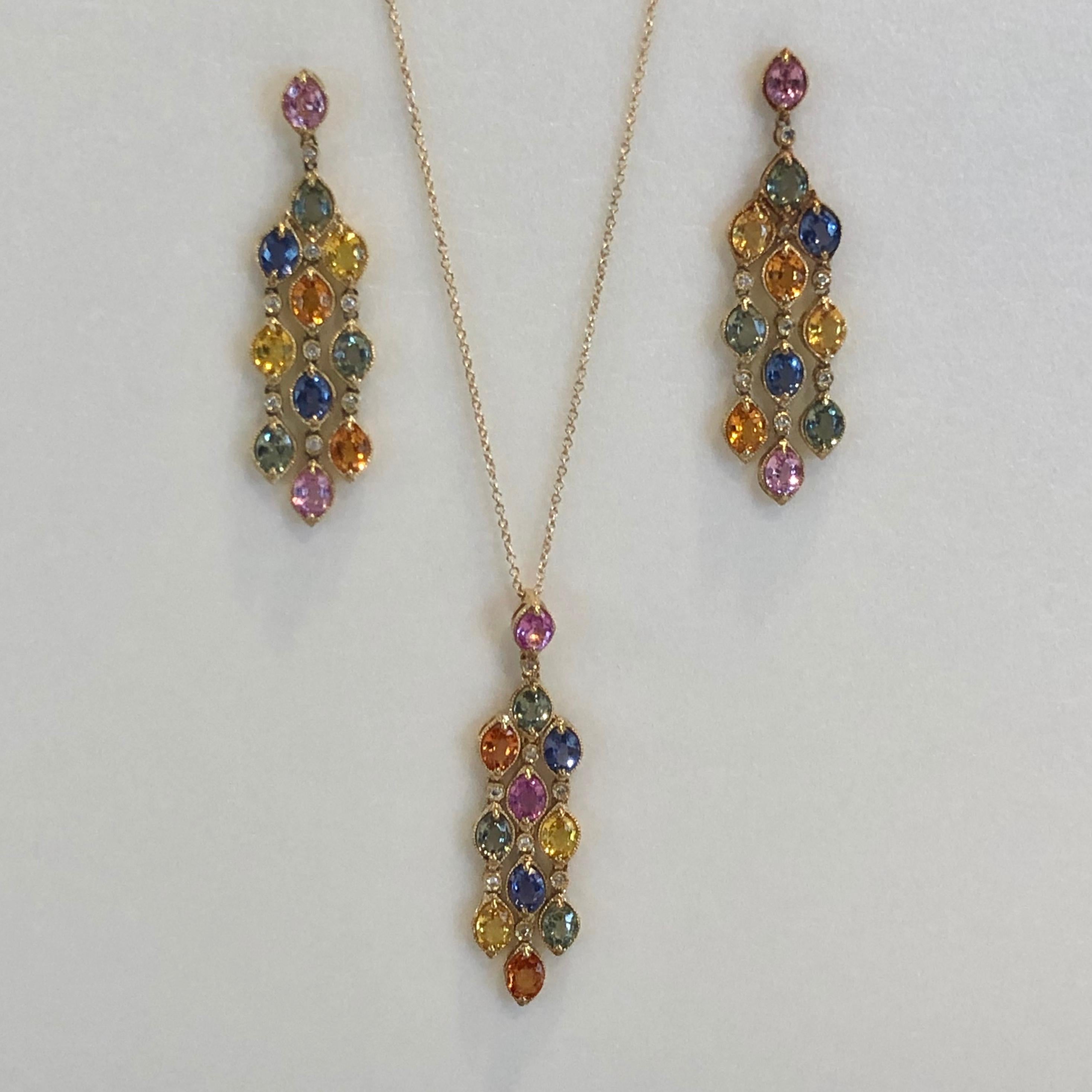 A great set, pair of sapphire and diamond chandelier earrings with a pendant 14.50 carats of multi-colored sapphire. The perfect timeless design for an impressive yet wearable set.
14.50ct. Natural Sapphires
Gorgeous brilliance
Fully Faceted Oval