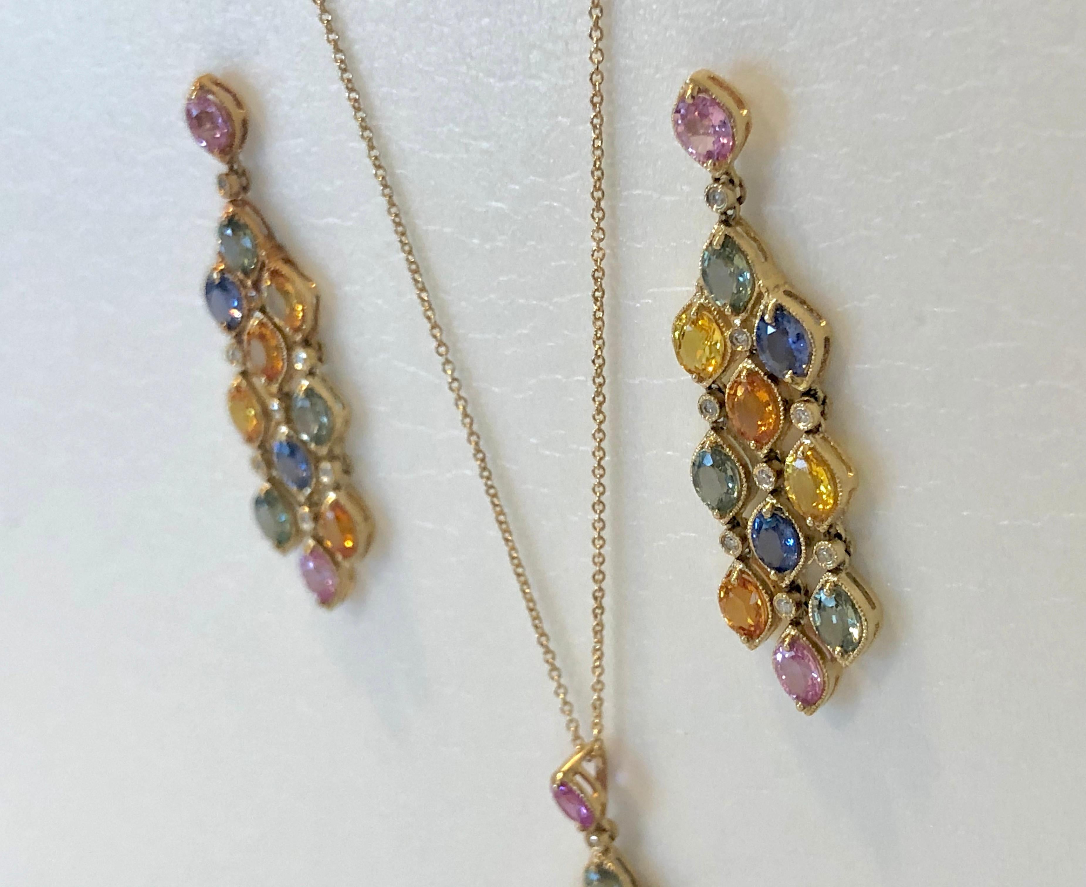 14.50 Carat Sapphire Diamonds Chandelier Earrings Pendant Set 14 Karat 3