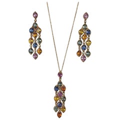 14.50 Carat Sapphire Diamonds Chandelier Earrings Pendant Set 14 Karat