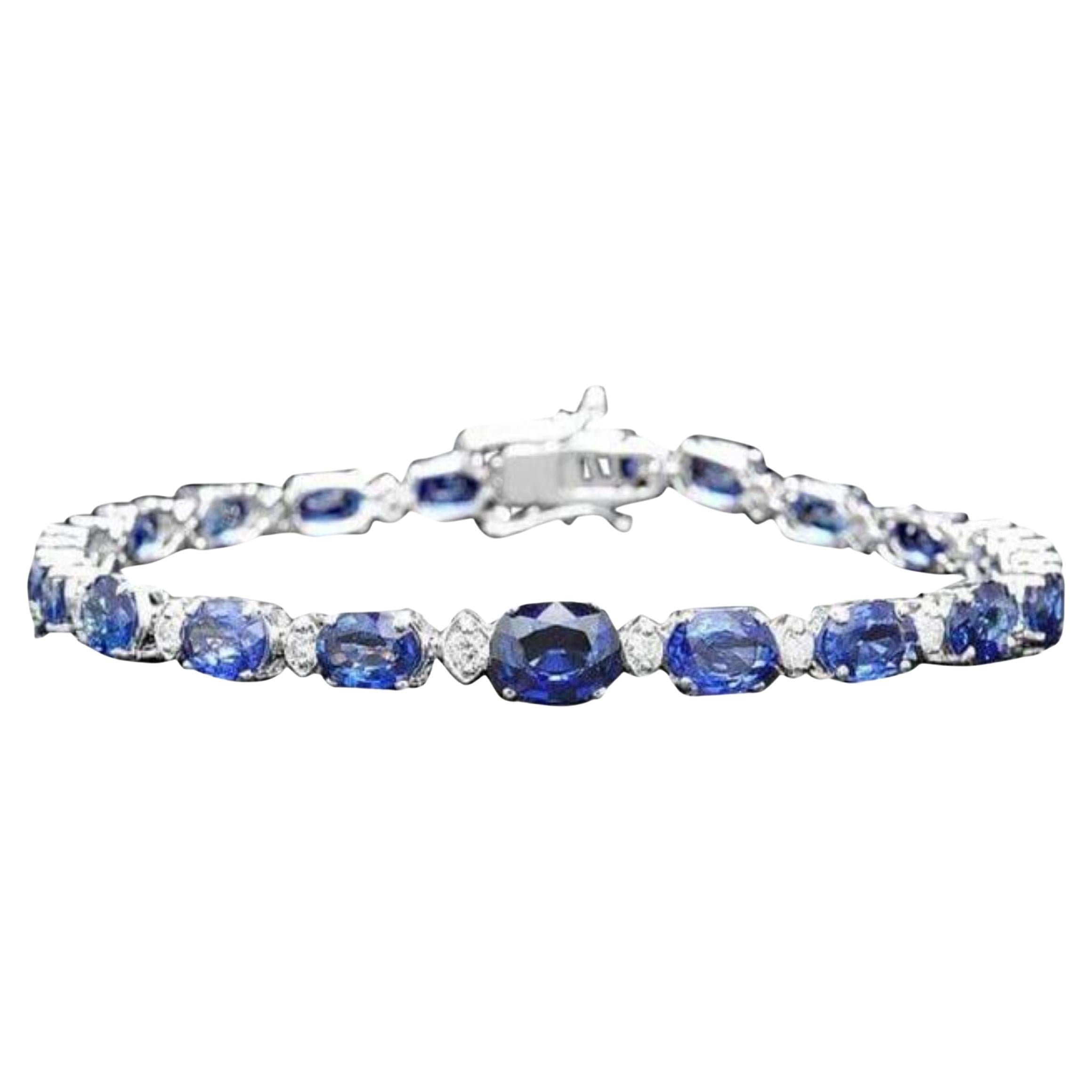 Bracelet en or blanc massif 14 carats avec saphir bleu naturel de 14,50 carats et diamants