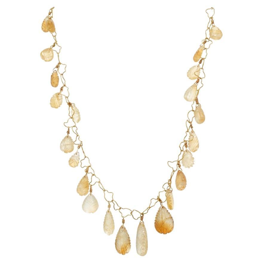 145.00 Carat Citrine Carved Quartz Yellow Gold Adjustable Necklace For Sale