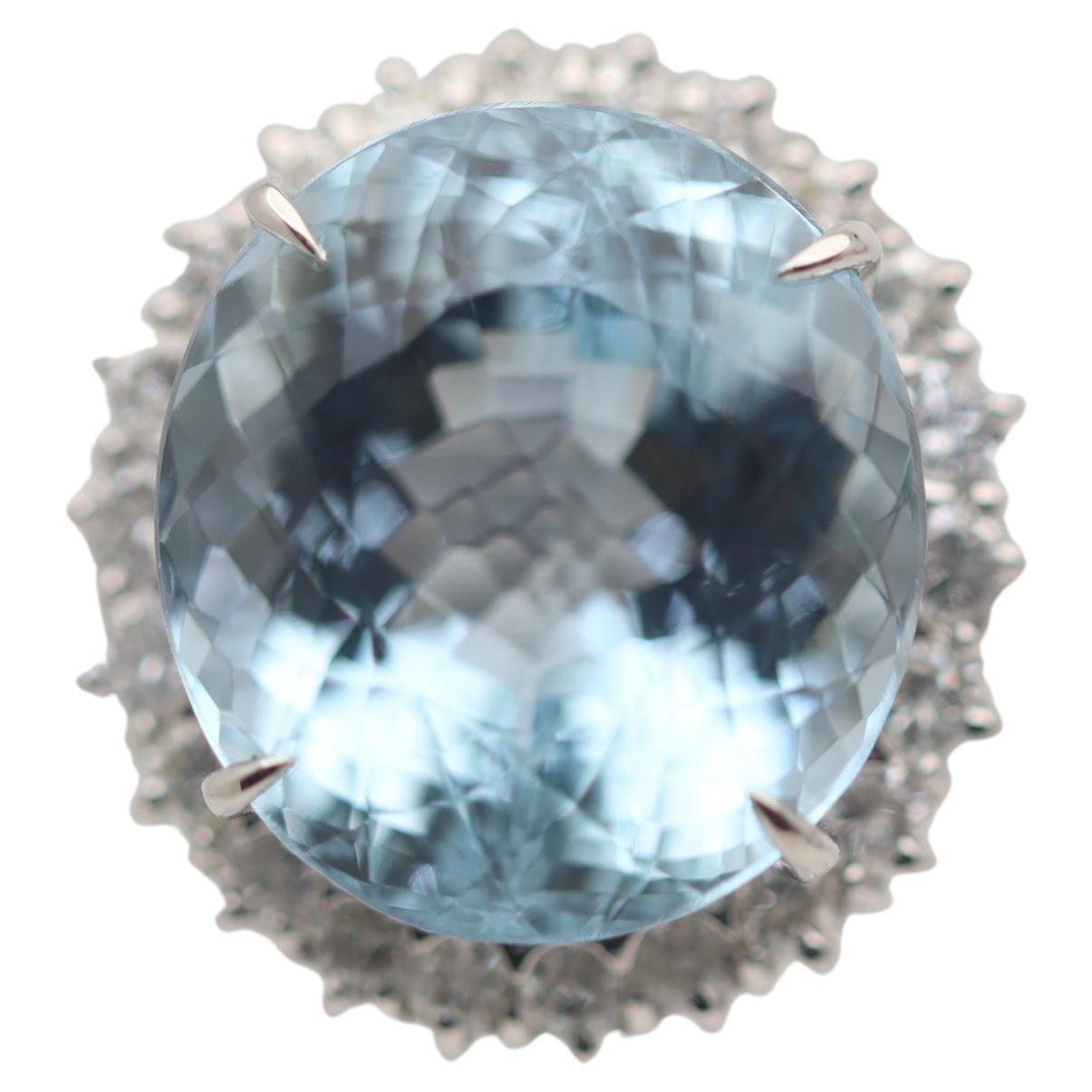14.52 Carat Aquamarine Diamond Halo Platinum Ring For Sale