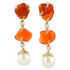 Boucles d'oreilles en goutte en or 18 carats et diamants avec opale du feu du Mexique de 14,53 carats