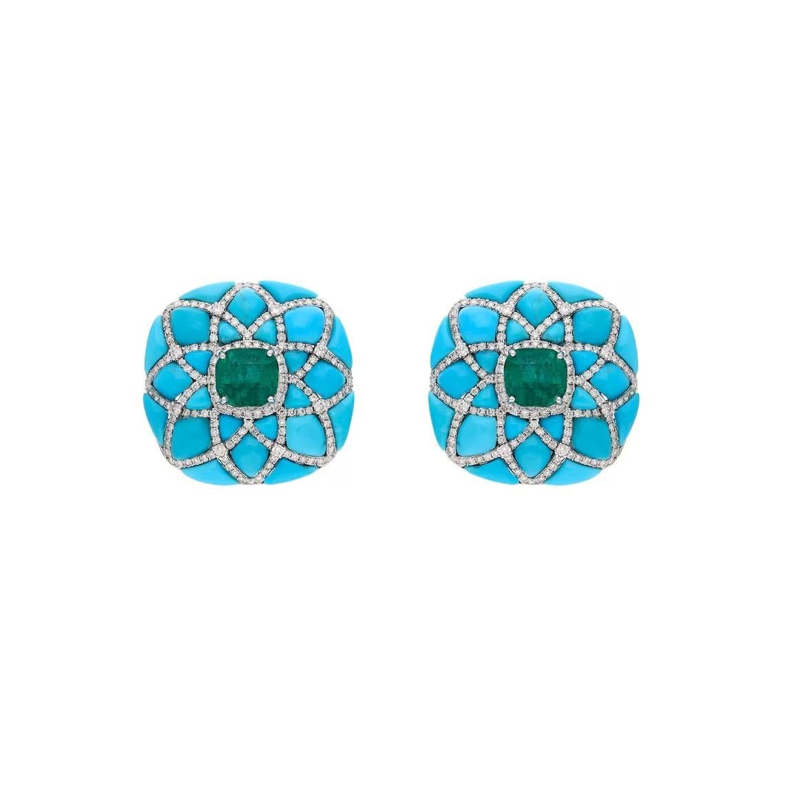 Fusi in oro a 18 carati, questi squisiti orecchini sono impreziositi da 14,53 carati di turchese, 5,28 carati di smeraldo e 2,30 carati di diamanti scintillanti. 

SEGUITE la vetrina di MEGHNA JEWELS per vedere le ultime collezioni e i pezzi