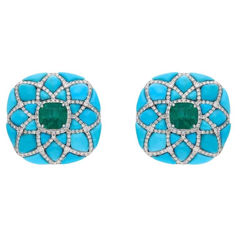14.53 Carats Turquoise Emerald 5.28 carats Diamonds 18K Gold Stud Earrings