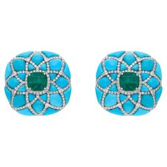 14.53 Carats Turquoise Emeraude 5.28 carats Diamants Boucles d'oreilles or 18K