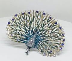 14.54 Carat Multi Colored Diamond Peacock Necklace and Brooch