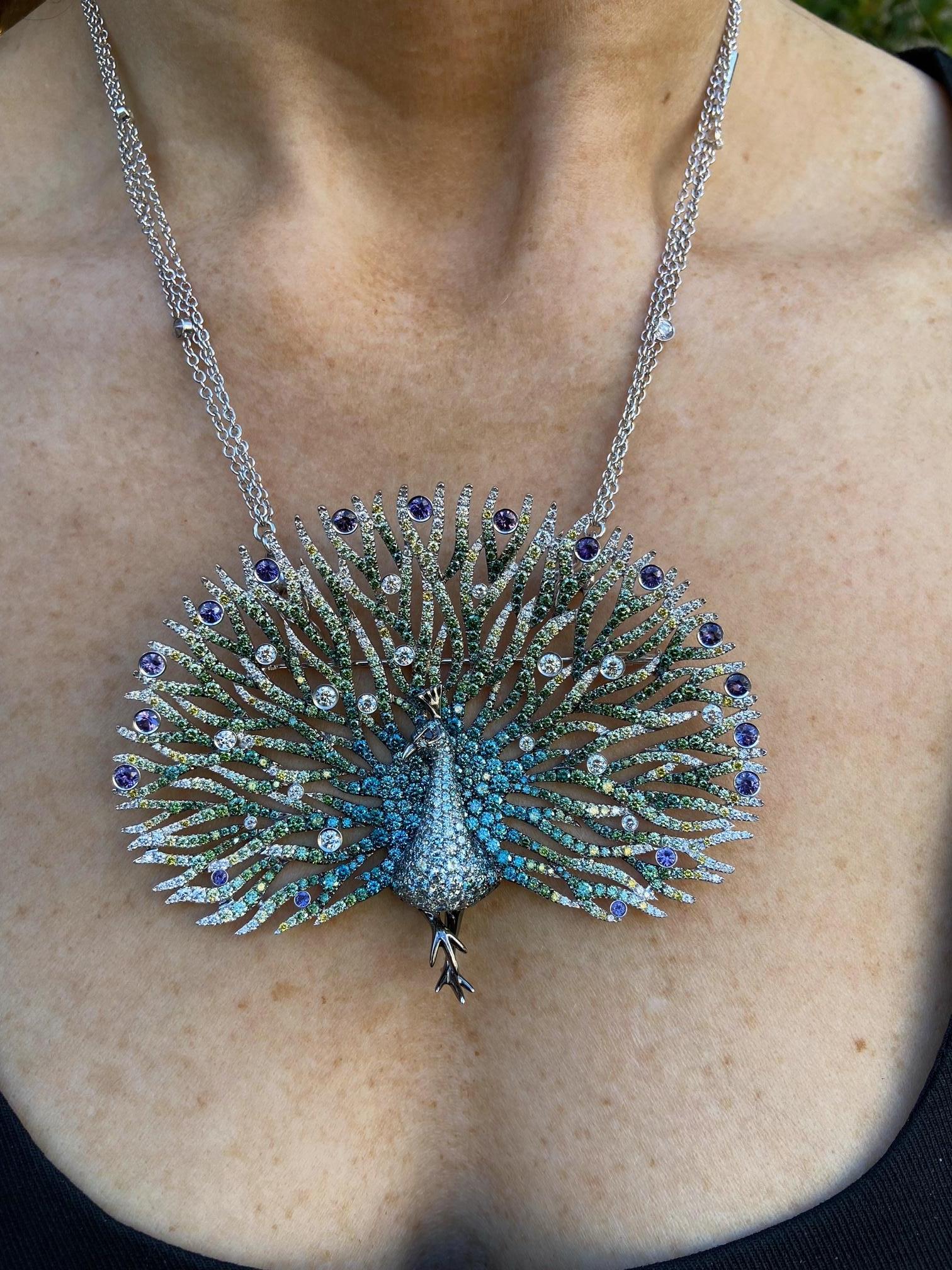 Retro 14.54 Carat Multi Colored Diamond Peacock Necklace and Brooch For Sale