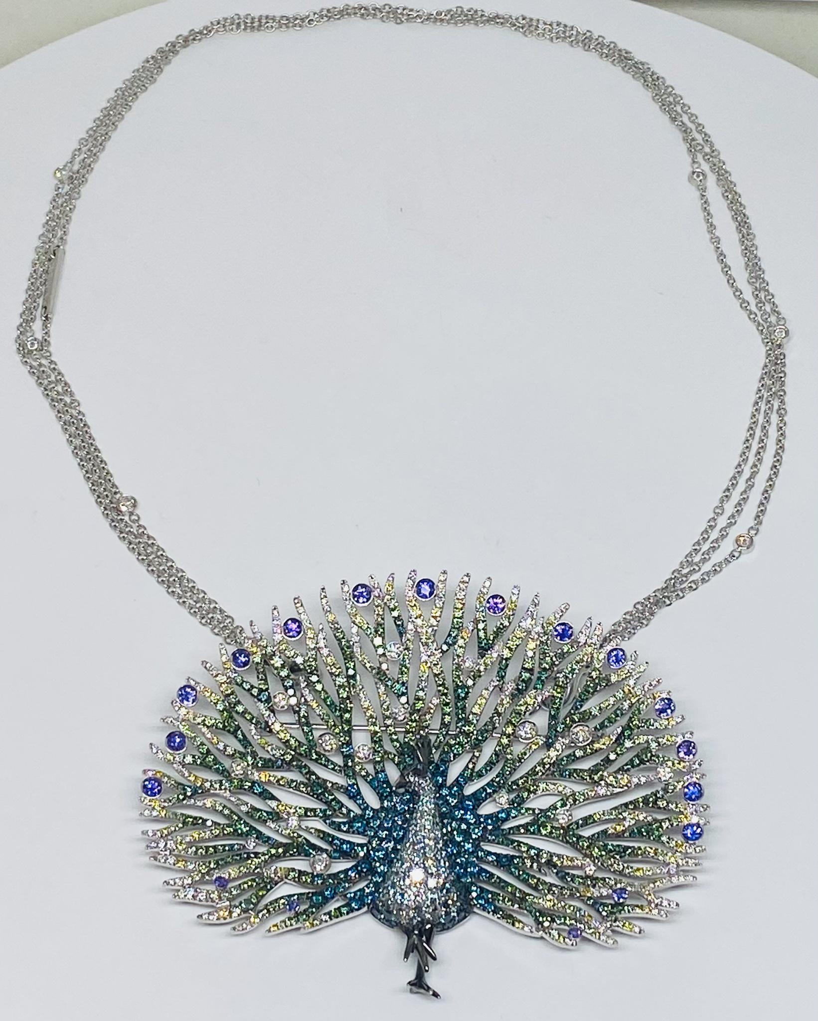 14.54 Carat Multi Colored Diamond Peacock Necklace and Brooch In New Condition For Sale In Houston, TX