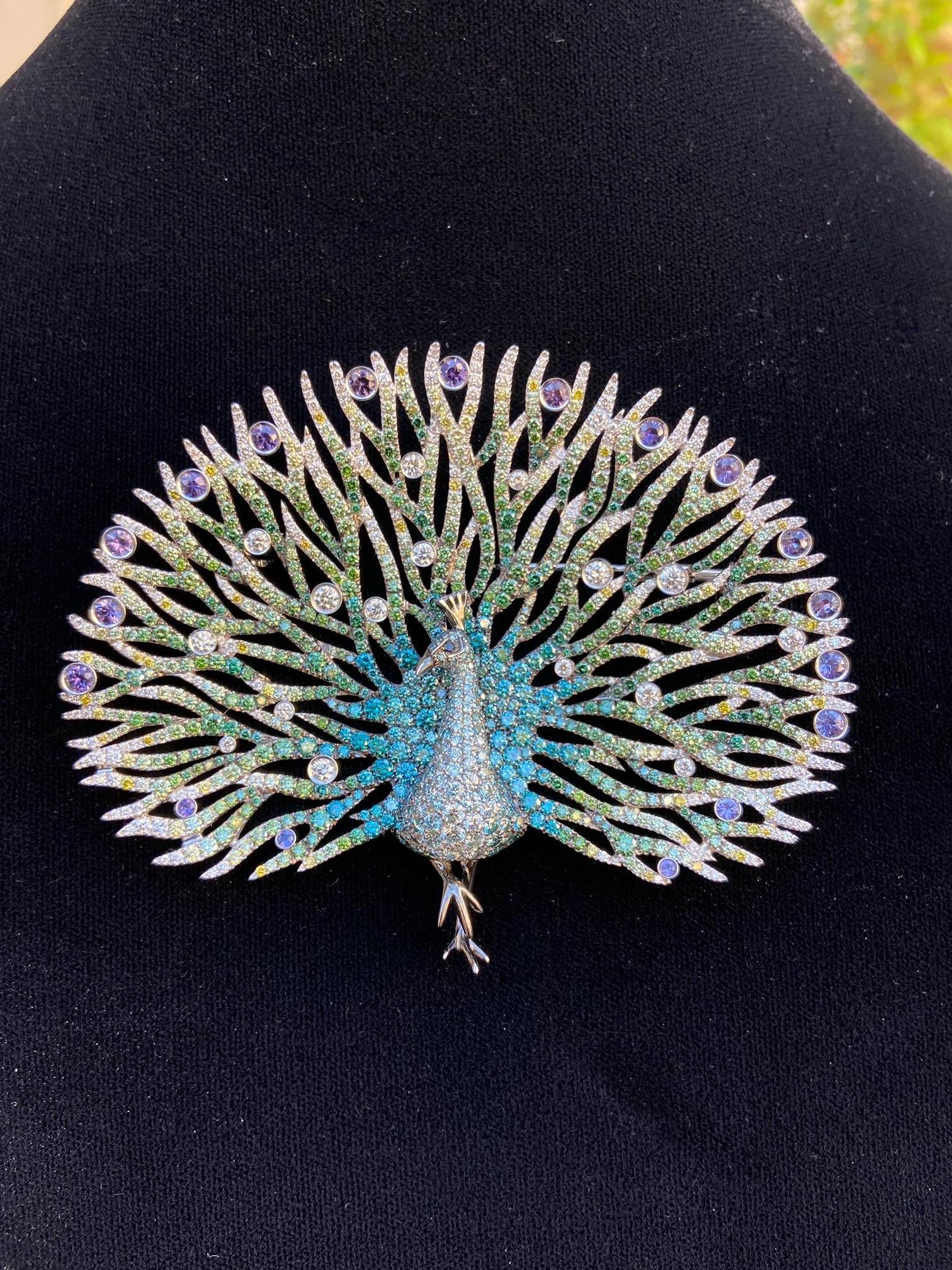 Women's 14.54 Carat Multi Colored Diamond Peacock Necklace and Brooch For Sale