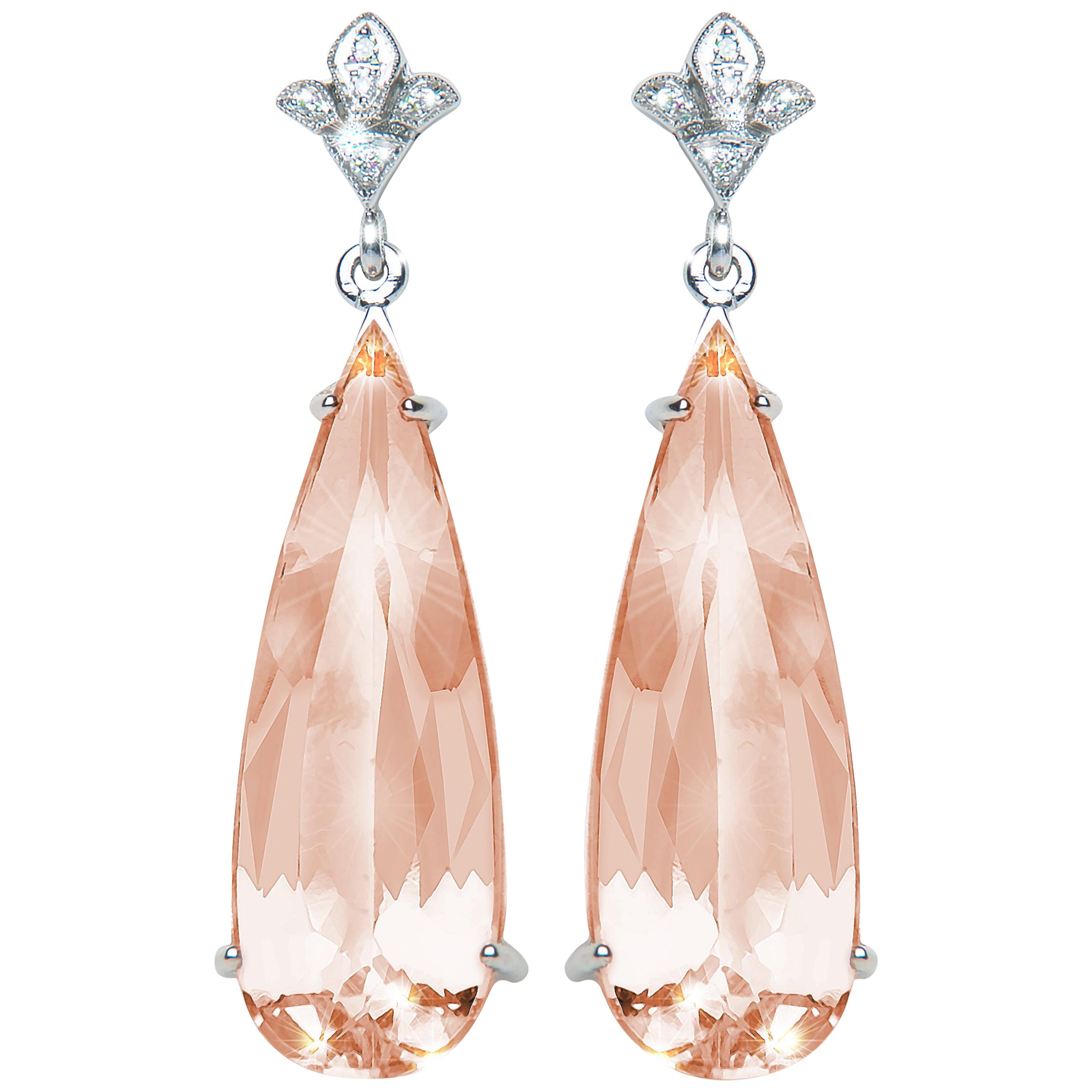 14.56 Carat Pear Morganite Diamond 18 Karat Gold Drop Earrings Natalie Barney For Sale