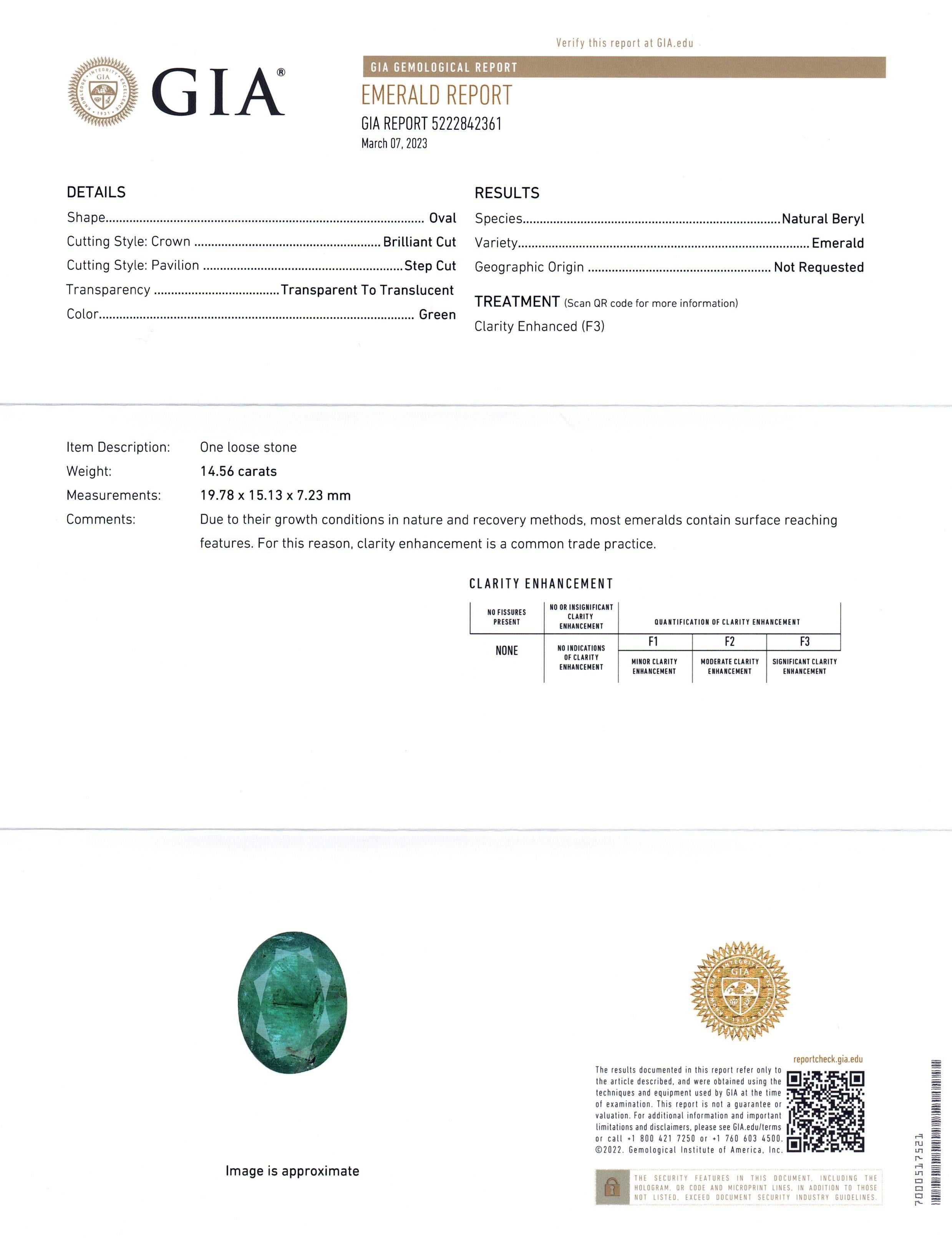 This is a stunning GIA Certified Emerald


The GIA report reads as follows:

GIA Report Number: 5222842361
Shape: Oval
Cutting Style:
Cutting Style: Crown: Brilliant Cut
Cutting Style: Pavilion: Step Cut
Transparency: Transparent to
