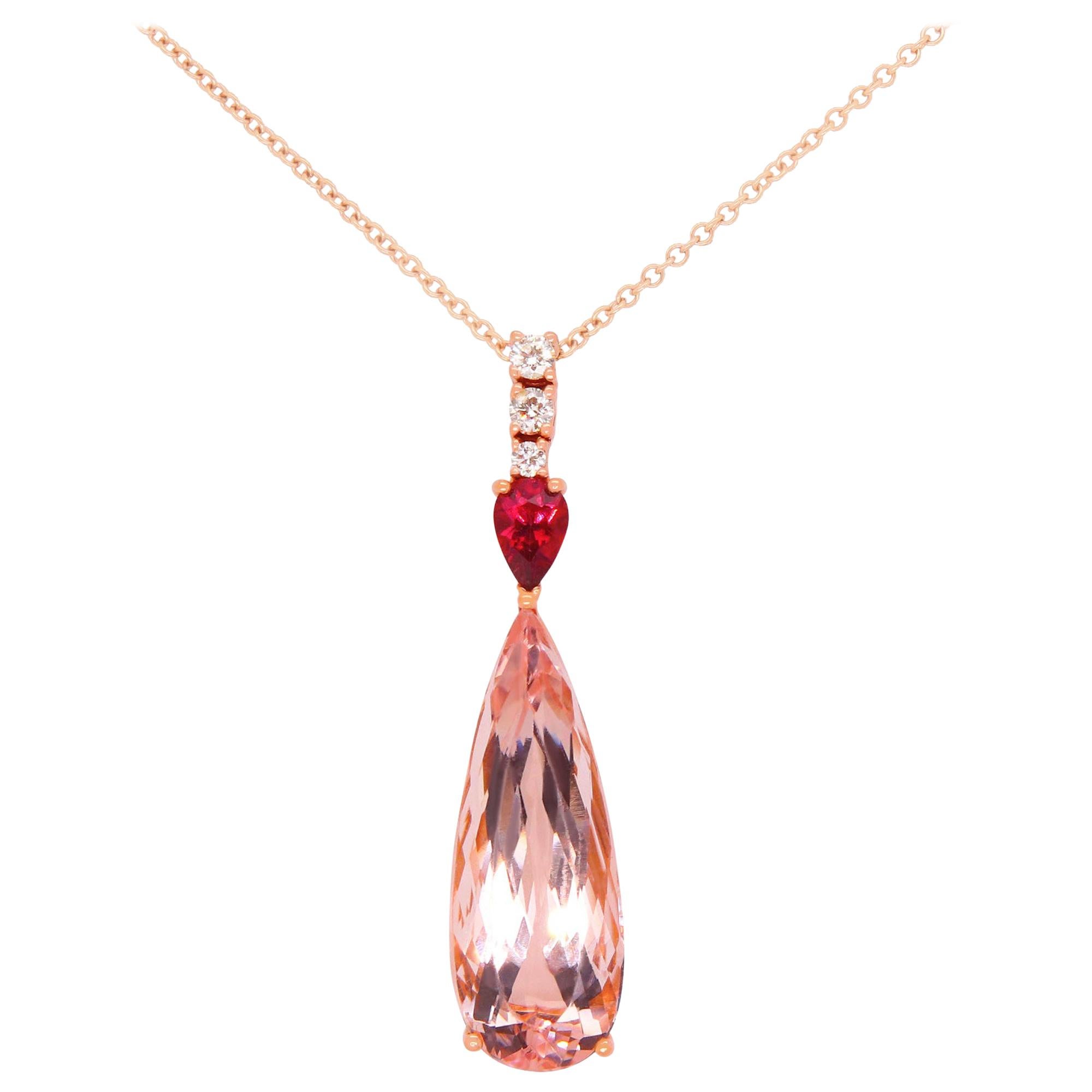 14.58 Carat Elongated Pear Shape Pink Morganite Pendant 14 Karat Rose Gold For Sale