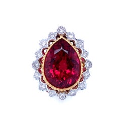 14.58 Carat Rubellite Tourmaline and Diamond Cocktail Ring in White, Yellow Gold