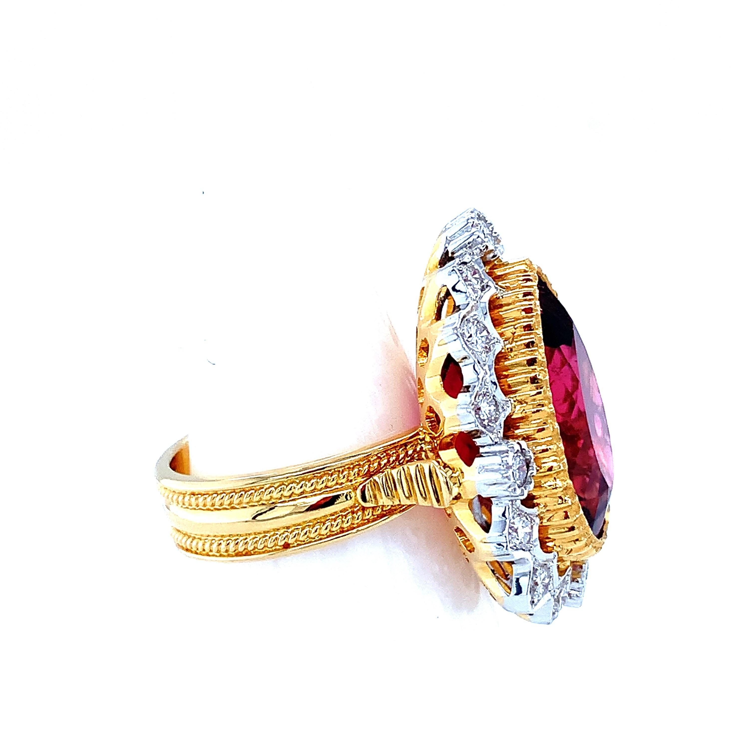 Pear Cut 14.58 Carat Rubellite Tourmaline and Diamond Cocktail Ring in White, Yellow Gold