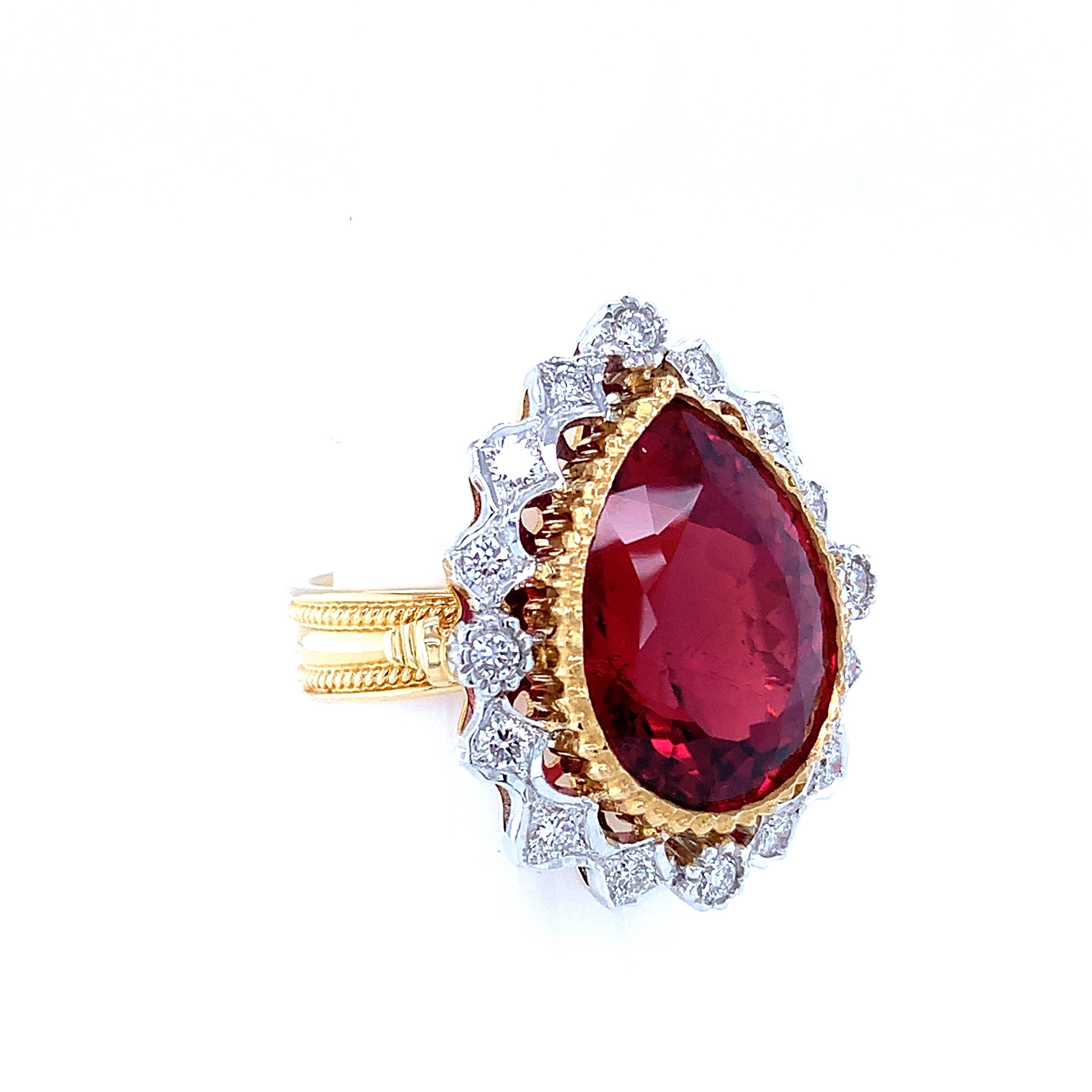 14.58 Carat Rubellite Tourmaline and Diamond Cocktail Ring in White, Yellow Gold In New Condition In Los Angeles, CA