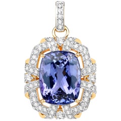 14.59 Carat Tanzanite Diamond 18 Karat Yellow Gold Pendant Necklace