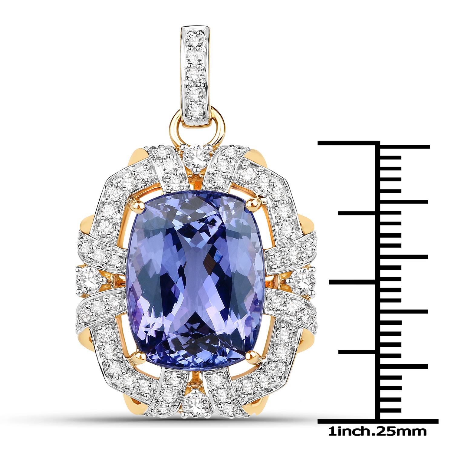 14.59 Carat Cushion Shape Statement Tanzanite and 1.46 Carats Diamond 18K Yellow Gold Pendant Necklace

Center Stone Details: 
Stone: Tanzanite
Shape: Rectangular Cushion cut 
Size: 17.00mm x 13.00mm
Weight: 14.59 carat

Diamond Details:
Shape: