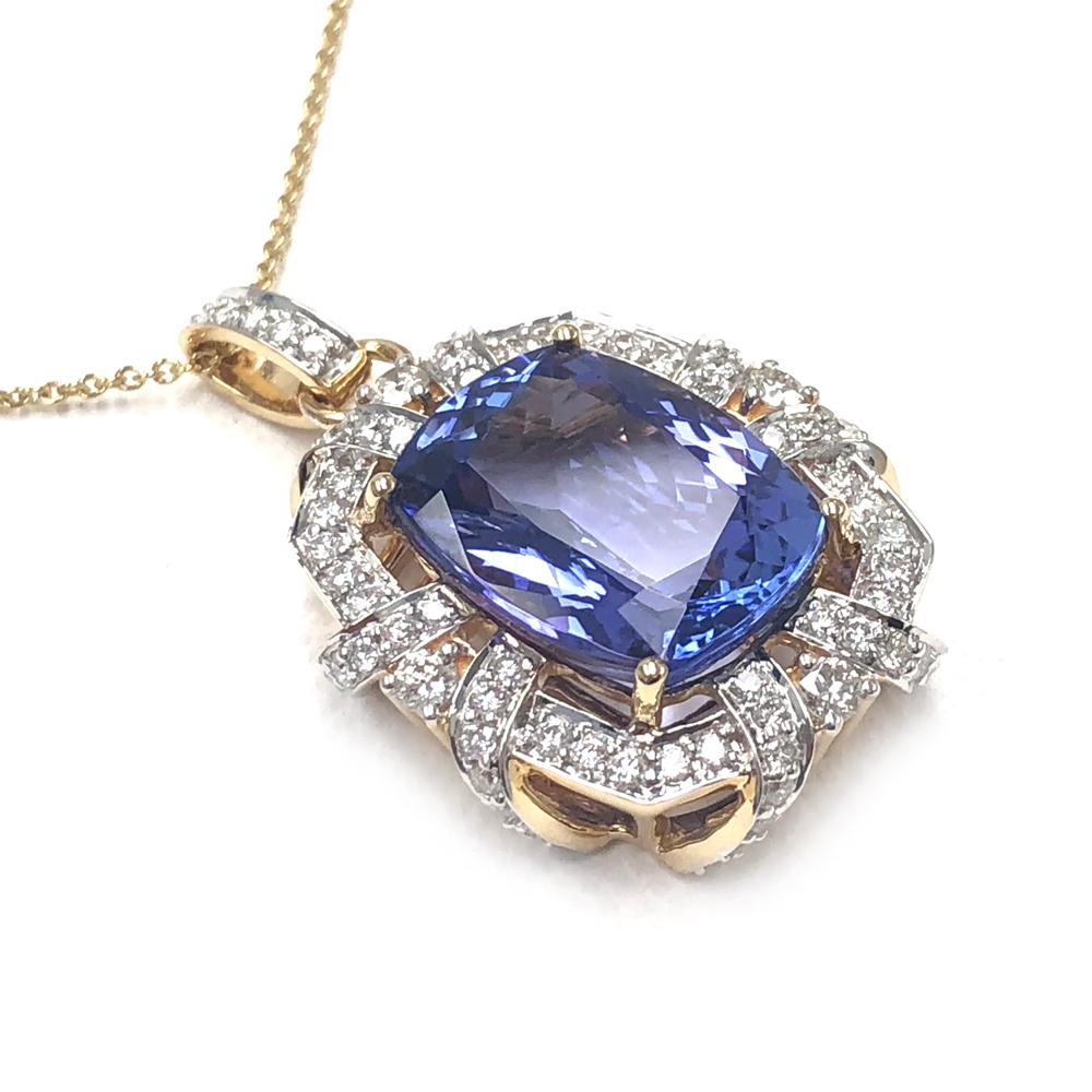 Cushion Cut 14.59 Carat Tanzanite Diamond 18 Karat Yellow Gold Pendant Necklace For Sale