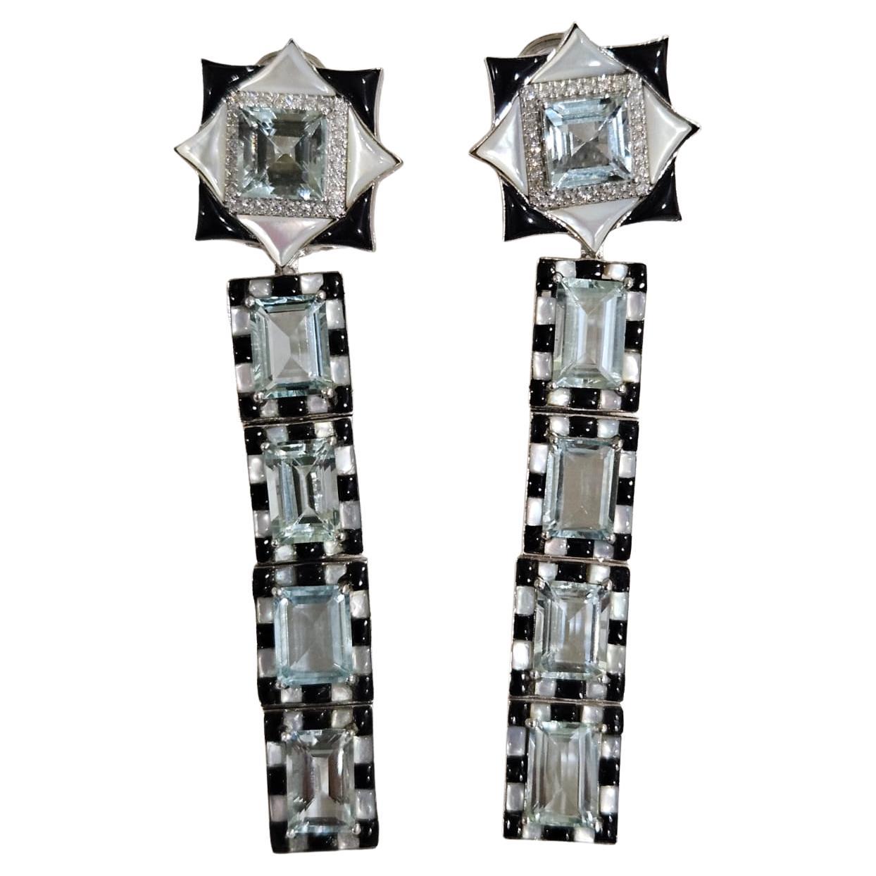 14.59 carats, Aquamarine, Black Onyx, Mother of Pearl & Diamonds Dangle Earrings