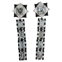 14.59 carats, Aquamarine, Black Onyx, Mother of Pearl & Diamonds Dangle Earrings